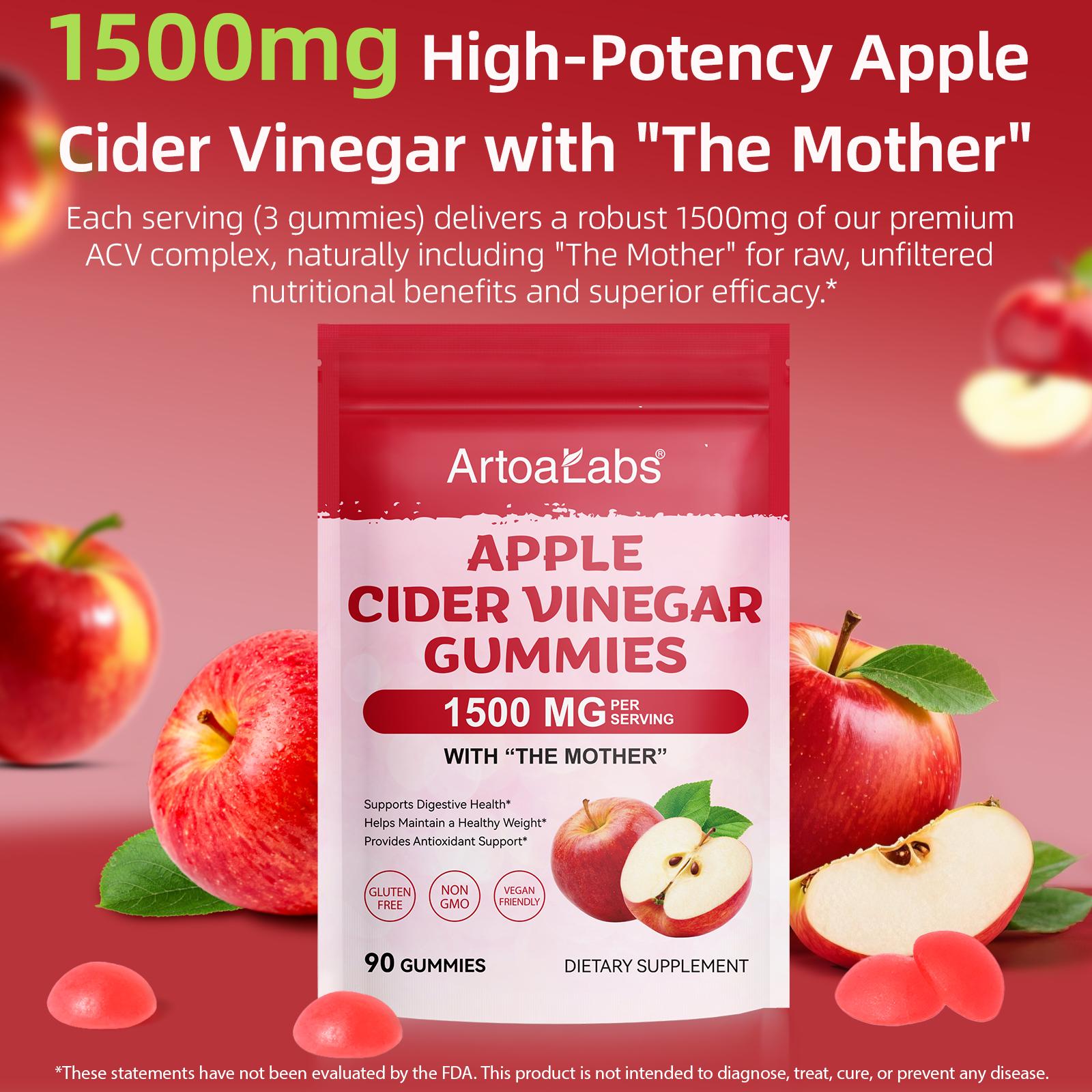 gvc.product.image_.1771438222613.11c4d240-a582-40c9-bf58-7a424cf64259.jpeg ArtoaLabs Gummies au Vinaigre de Cidre de Pomme 1500mg avec "La Mère" – Enrichies en Vitamines B6, B12, Folate et Iode – Soutien Perte de Poids, Digestion et Énergie – Sans OGM, Sans Gluten et Végan – 90 Gummies – Image 1