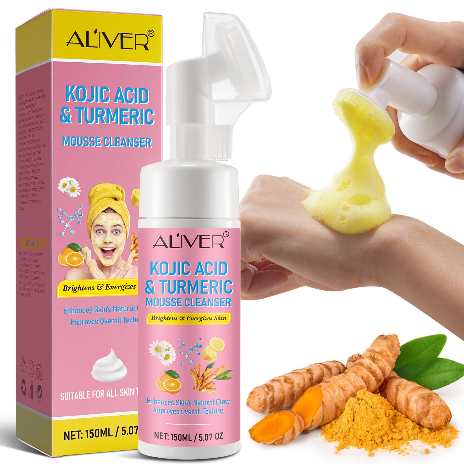 gvc.product.image_.1772560293148.bb2354e3-2f03-42de-9773-76a92953c80f.jpeg Mousse Nettoyante ALIVER® Acide Kojique & Curcuma – Nettoyant Éclat avec Brosse Intégrée – Anti-Taches, Hydratant et Illuminateur – 150ml – Image 1